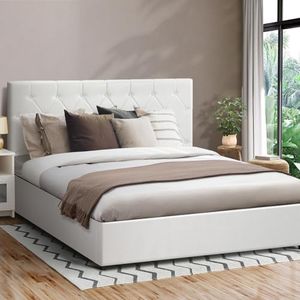 Oikiture Queen Bed Frame with Storage and Gas Lift Leather Bed White