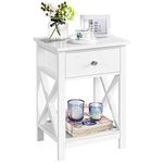 Yaheetech Bedside Table with 1 Drawer X Design Nightstand with Storage Shelf Wooden Cabinet Side Table Storage Unit for Bedroom/Living Room, 40x30x55cm, White