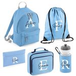 Personalised Kids Back to School Kit with Custom Name & Initial | Blue Backpack, Lunch Bag, PE Kit, Pencil Case & Water Bottle | Ideal for Boys Starting Nursery or School