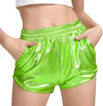 MAKARTHY Women's Yoga Hot Shorts, Shiny Metallic Pants with Elastic Drawstring (XX-Large, Green)