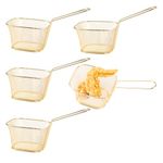 MEGAVOW 5 Pcs Chip Baskets, Chip Serving Frying Baskets, Mini Fries Holder with Handle, Square Stainless Steel Food Presentation Baskets for Onion Rings, Chicken Wings, Tempura, Shrimps (Gold)