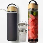 ameiin 23oz Borosilicate Glass Water Bottles with Bamboo Lid and Neoprene Sleeve for Loose Leaf Tea and Fruit Infused Water - Cold Brew Coffee Maker - Tea Infuser Bottle with Strainer - Glass Tumbler