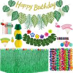 Hawaiian Tropical Party Decorations - 9Ft Grass Table Skirt, Leaf Banner, Leis Necklace, Palm Leaves, Hibiscus Flowers, Fruit Straws, 3D Flamingo and Pineapple Cake Toppers for Luau Party (Green)