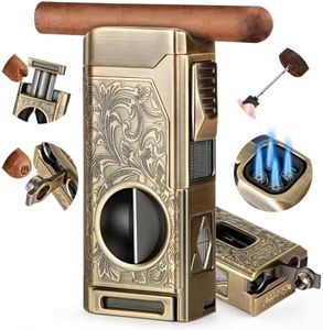 Cigar Lighter, 4 Jet Flame Torch Lighter, Refillable Butane Lighter with Cigar Cutter V Cut Cigar Punch Cigar Holder Cigar Draw Enhancer, Great Cigar Accessories Cool Lighters for Smoking in Gift Box