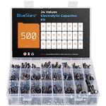 24-Value Aluminum Electrolytic Capacitor by BlueStars - 500 pcs - Assortment Box Kit Range 0.1uF－1000uF, 24 Values with 500 Pieces 10V 16V 25V 50V - Audio-Video Project Electronic Repair