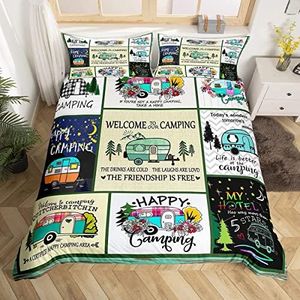 Camper Bedding Set Vintage Cabin Duvet Cover Single For Kids Child Girls Camping Comforter Cover Cartoon Camp Travel Car Quilt Cover Cartoon Camping Decor Rustic Farmhouse Style Bedroom Decor