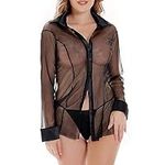 GEPAS Charmnight Sexy Lingerie for Women Sheer Blouse Long Sleeve Top Black-XL