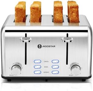 Toaster 4 Slice 1.6" Wide Slot Stainless Steel Toasters with Bagel, Reheat, Cancel, Defrost Function, 6 Shade Settings, Removable Crumb Tray, 1550W, Aigostar Best Rated Prime Toasters