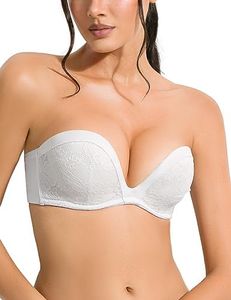 Amafuur Strapless Push Up Lace Plunge Bra Heavily Padded Add 2 Cup with Convertible Clear Straps Low Cut Underwire Bras, White, 34D