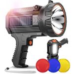 YIERBLUE Rechargeable Spotlight Flashlight with Solar Panels, 100000 High Lumen Outdoor Handheld Spot Lights and Flood Light, Foldable Stand and 3 Colors Lenses for Boating Hunting and Camping