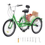 VEVOR Adult Tricycles Bike, 7 Speed Adult Trikes, 26 Inch Three-Wheeled Bicycles, Carbon Steel Cruiser Bike with Basket and Adjustable Seat, Picnic Shopping Tricycles for Seniors, Women, Men (Green)