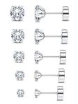 CASSIECA 5Pairs Silver Stud Earrings for Women Men Flat Back Earrings 316L Stainless Steel Hypoallergenic Earrings Cartilage Helix Earrings Set AAAA+ Cubic Zirconia Screwback Ear Piercing