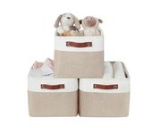 DECOMOMO Storage Bins | Fabric Storage Basket for Shelves for Organizing Closet Shelf Nursery Toy | Decorative Large Linen Closet Organizers with Handles Cubes (Beige and White, Extra Large - 3 Pack)