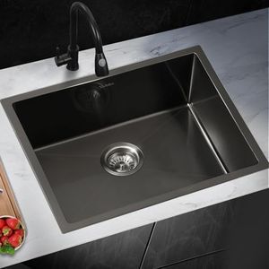 Welba Kitchen Sink 44cm x 58cm x 20.5cm SUS304 Stainless Steel Sink with Waste Strainer Laundry Sink with X-Shaped Groove Design, Black