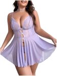 OYOANGLE Women's Plus Size 2 Piece Lingerie Set Lace Mesh Nightgown and Thong Teddy Babydoll Purple 2XL