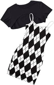 OYOANGLE Girl's Cute 2 Piece Outfits Print Cami Short Dress with Crop Top Tee Set Black and White 10Y