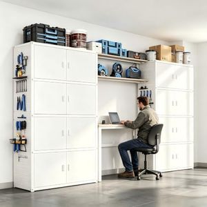 FLEXIMOUNTS Garage Storage Cabinet System, 3-in-1 Modular System with Integrated Workbench, Cabinets & Pegboard, 24-Gauge Steel, 117" L, 8-Door Cabinet for Garage Workshop, White, FLEXIMOD Series