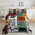 Cabin Retro Rustic Lodge Comforter Set, Bear Deer Country Bedding King, Hunting Wild Animal Quilt Plaid Check Adventure Themed Bedding Comforter Sets For Kids Boys Teens Adult Men Bedroom Decor