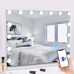 FENCHILIN Vanity Mirror with Lights Bluetooh Speaker Hollywood Mirror with Lights 15 LED USB Charging Port Vanity Makeup Mirror with Lights 3 Color Modes Dimmable Touch Control 10x Magnifying