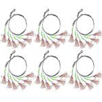 Rodeel Pre-tied Sea Fishing Rigs, 6 Pack / 36 Hooks Fishing Feathers, with Luminous Beads Glowing Tail and Simulated Fish-skin Flasher, Attractor for Mackerel, Herring, Bass, Cod - For Day Use