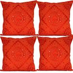 DK Homewares Indian 60 X 60 Cm Cushion Cover 24 X 24 Inches Set of 4 Orange Mirror Embroidered Chair Decoration Cotton Floral Pillowcases (Orange) - 4 Pcs