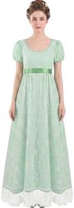 ZhouBoat Regency Dress for Women Double Layer Lace Ruffled Puff Sleeve Empire Waist Vintage Victorian Tea Party Gown Light Green L