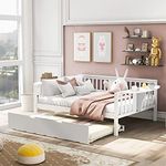 Full Daybed with a Trundle, Wood Day Bed Frame for Kids Adults, Full Size Sofa Bed for Bedroom, Living Room, White