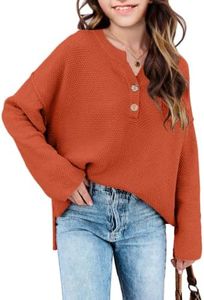 Girls Winter Sweaters 2026 Fashion Teen Tops Henley Kids V Neck Long Sleeve Loose Shirts Fall Warm Clothes Orange