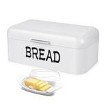 Flexzion Metal White Bread Box for Kitchen Countertop, Vintage Bread Holder for Rustic Kitchen, Bagel Bin Loaf Storage Keeper, Sliced Bread Container with Butter Dish and Butter Knife