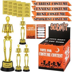 TWOWYHI Halloween Costume Contest Voting Box with 4 Packs Gold Costume Skeleton Trophies, 40PCS Voting Cards, 4PCS stickers, 4PCS Award Sashes for Halloween Party Games Costume Contest Reward