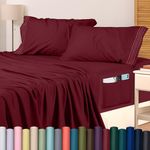 Utopia Bedding Queen Sheet Set – Soft Microfiber Luxury Bed Sheets with Deep Pockets - Embroidered Pillow Cases - Side Storage Pocket Fitted Sheet - Flat Sheet (Burgundy, Queen)