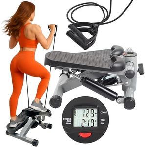 PORTENTUM Mini steppers for exercise workout with resistance bands and LCD display 5 functions — Stepper 3-in-1 for legs, glutes and arms — Adjustable intensity — Easy to store home workout equipment