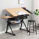 SDHYL Drafting Table Art & Craft Drawing Desk Height Adjustable Wood Desk with Stool and Storage Drawers for Drawing, Painting, Writing and Studying,Teak, S7-UT-DT1027-CA