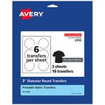 Avery Dark Transfer Paper for T-Shirts, 3" Diameter Pre Die-Cut Iron-On Circle Transfers, Print-to-The-Edge, 3 Sheets of Heat Transfer Paper, 18 Total (02232)
