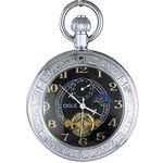 OGLE Waterproof Luminous Magnifier Tourbillon Moon Sun Chain Fob Self Wind Automatic Mechanical Pocket Watch, Silver Black, Digital,Mechanical