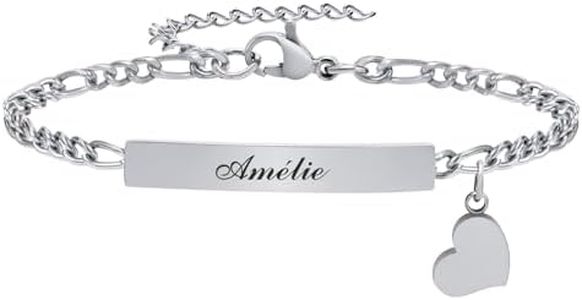 Gamtic Bracelet Personnalisé Chaine Reglable, Bracelet Gravé Prénom Date Coeur en Acier Inoxydable Chaîne Figaro Cubain Argenté, Bijoux Cadeaux pour Les Femmes Petite Amie (Longueur Réglable 15-20cm)