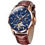 OLEVS Men Skeleton Watch Automatic Designer Luxury Mechanical Wrist Watches Brown Leather Dress Casual Moon Phase Luminous Waterproof