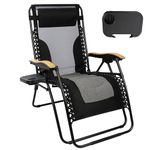 Northroad Oversized Zero Gravity Chair 29In XL Padded Folding Recliner Chair for Indoor Outdoor Backyard w/Headrest, Wooden Armrest,Cup Holder, Side Tray,Support 400lbs,Mesh-Black/Gray