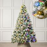 Christow Pre-Lit Flocked Christmas Tree 7ft, Dual-Coloured LED Lights (Switch from Warm White to Multi-Coloured), Chamonix Spruce, Snowy PVC Tips, 11 Modes – Colour Changing, Timer, 121cm Diameter