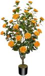 MHMJON 45""/3.7FT Artificial Tree Camellia Plant Fake Tree with 32 Blooming Orange Flowers, Small Faux Tree Large Potted Plant for Spring Home Front Door Outdoor Indoor Decorationv, MHMJ-79867