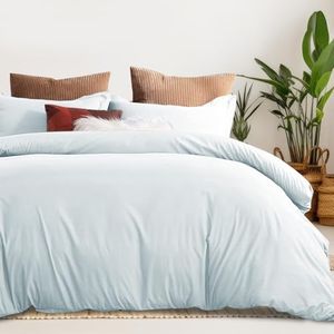 LINENOVA Queen Quilt Cover Set, 100% Luxury Cotton Duvet Cover with Buttons Closure,Ultra Soft Solid Plain Color 3pcs Doona Cover Set(Queen, Light Blue)