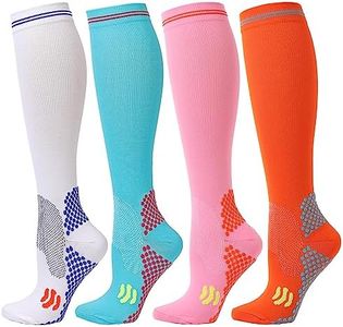 Kickticks 4 Pairs Compression Socks for Woman & Man Unisex 20-30mmHg Knee high Plus Size Wide Calves for Flying Running…, 02 White| Lake Blue| Pink| Orange, Small-Medium