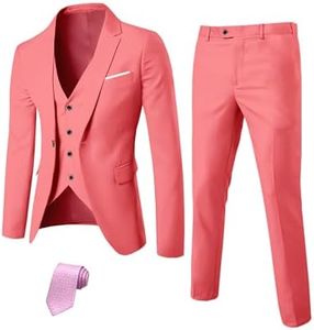 MY'S Men's Blazer Vest Pants Set, One Button Jacket Waistcoat and Trousers, Solid Party Wedding Dress Pink X-Small