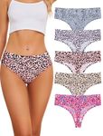 VOENXE Seamless High Leg Thong Underwear for Women 5P, No Show Ladies Panties Moisture Wicking Cheeky Laser Cut Briefs Tanga