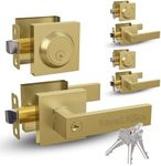 Mega Handles - ROBELL Entry Combo 3 Pack I Entry Lever Door Handle and Single Cylinder Deadbolt Lock and Key Combo Pack - Heavy Duty Square Locking Lever Set - Satin Brass - Pack of 3 - Keyed Alike