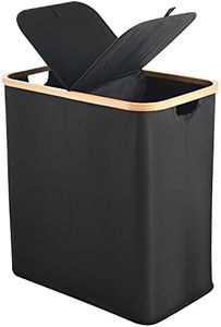 ALINK Divided Folding Bamboo & Canvas Laundry Hamper- Double Large Laundry Basket with Lid - Modern Collapsible Hamper with Handles, Waterproof Liner, Great for Adults, Bathroom, Living Room-Black