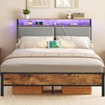 HOOBRO Queen Bed Frame with Storage Headboard, Upholstered Platform Bed, Bed Frame with Charging Station and LED Light, Headboard with Storage Shelves, USB Ports, Rustic Brown and Black BFG04UDBF01