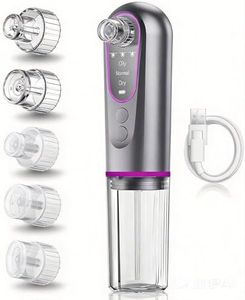 Blackhead Remover Vacuum - Rechargeable Pore Extractor Pore Vacuum Cleaner, Comedone Blackhead and Whitehead Remover with 5 Heads and 3 Levels,Grey