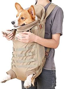 FLAdorepet Dog Carrier Tactical Backpack for Medium Large Dogs,Soft Hands-Free Legs Out Pet Front Cat Dog Carrier Backpack Travel Bag for Outdoor Traveling Hiking Camping (Large, Khaki)