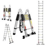 BOWEITI 16.5FT Telescoping Ladder,Telescoping A Frame Ladder with Balance Bar and Movable Wheel,Household Use Folding Ladder,Multi-Purpose Collapsible Ladder for Outdoor Work